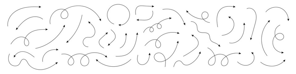 Set of vector hand drawn curved arrows. Collection of pointers. Vector illustration.