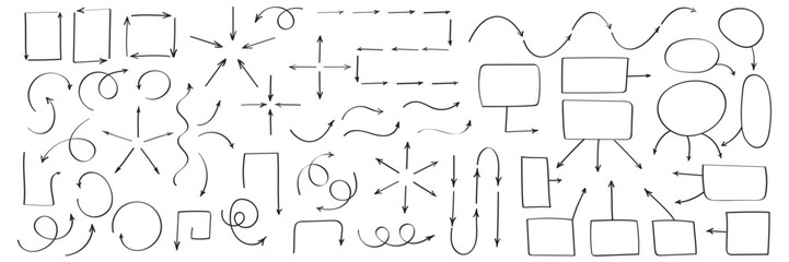 Set of vector hand drawn arrows and flowchart elements. Collection of pointers and frames. - obrazy, fototapety, plakaty