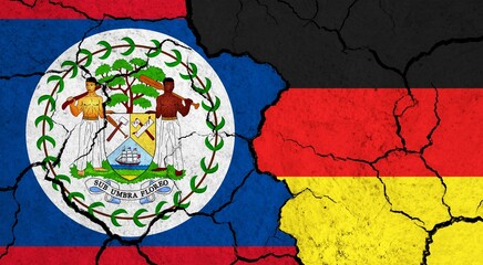 Flags of Belize and Germany on cracked surface - politics, relationship concept