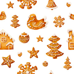 Seamless pattern with Christmas ginger cookies (stars, bells, birds, house, firs) hand drawn in watercolor isolated on a white background. Watercolor Christmas pattern.	
