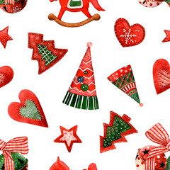 Seamless pattern with red and green Christmas decor (hearts, firs, caps, stars, bells) hand drawn in watercolor isolated on a white background. Watercolor Christmas pattern.	
