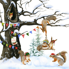 Winter scene with funny anthropomorphic squirrels celebrating New Year in winter forest hand drawn in watercolor isolated on a white background. Watercolor Christmas illustration
