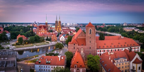 Aerial panorama of Wroclaw Old town after the sunset.
