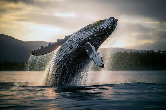 Jumping humpback whale out of the water. Amazing wildlife. Generative Ai