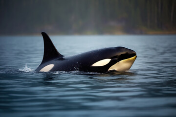 Killer whale Orca traveling in the ocean with stunning background. Amazing Wildlife. Generative Ai