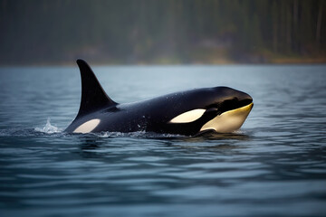 Obraz premium Killer whale Orca traveling in the ocean with stunning background. Amazing Wildlife. Generative Ai