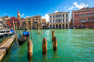 Beautiful view of a canal in Venice with gondolas, Venice, Italy, Europe.