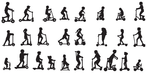 Silhouette of children driving scooter vector collection
