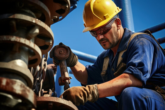 An operator working doing maintenance tasks on an oil rig on sunny day