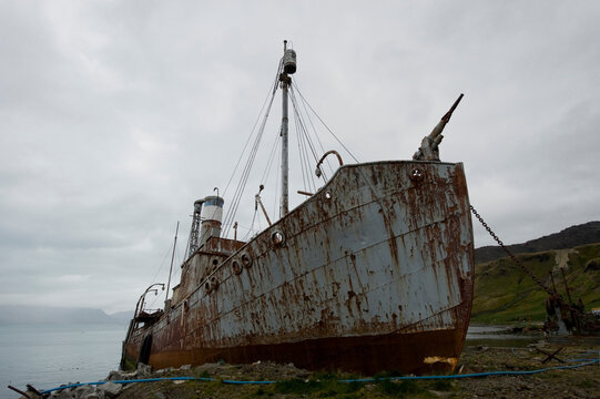 rusted whip sits on the beach near the town of Grytviken in South Georgia, which is home of the grave of famous explorer Ernest Shackleton; South Georgia Island