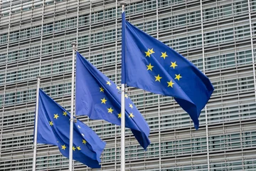 Foto op Aluminium Waving European Union flags in a row in Brussels, Belgium. Close up © respiro888