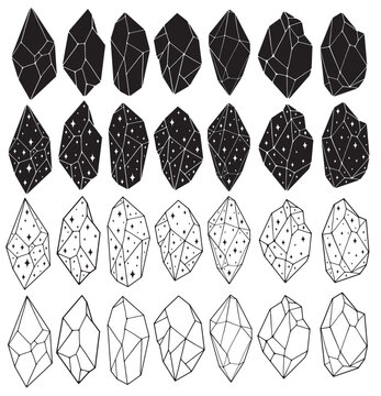Minimalistic line art gemstones, collection of different shape stones with stars, silhouettes, line art.