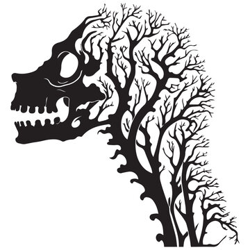 Tree Branches and Head skull comvination silhouette vector design