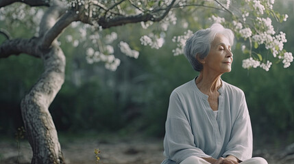 Portrait of an attractive elderly woman 80 years old with gray hair, serene and peaceful atmosphere, cinematic frame. The concept of the international day of older persons.
