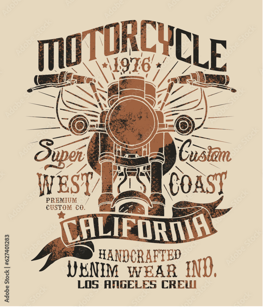 Poster tee print design with motorcycle drawing as vector with grunge texture