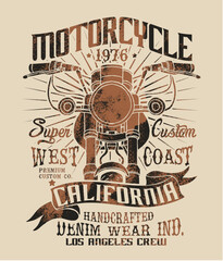 tee print design with motorcycle drawing as vector with grunge texture