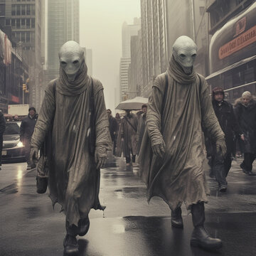 Two People In White Masks Walking Down A Street In The Rain. Generative Ai.