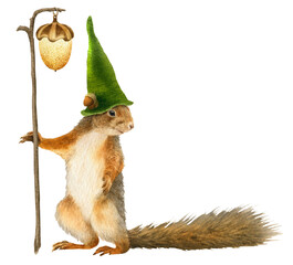 A funny anthropomorphic squirrel with a cute green cap with a lantern in his hand hand drawn in watercolor. Watercolor Christmas illustration. Isolated image