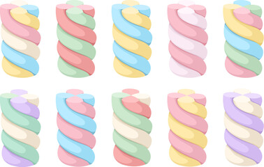 Collection of twist marshmallows in different colors. Vector illustration isolated on white background.