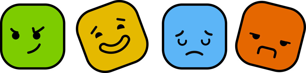 Four square colored emotions on a white background. 4 square emotions of four colors- green, yellow, blue and red on a white background. Tricky, funny, sad and angry emotions in vector graphics. Illus