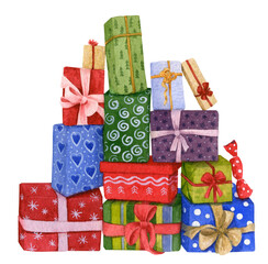 A heap of Christmas gifts hand drawn in watercolor. Watercolor Christmas illustration. Isolated image