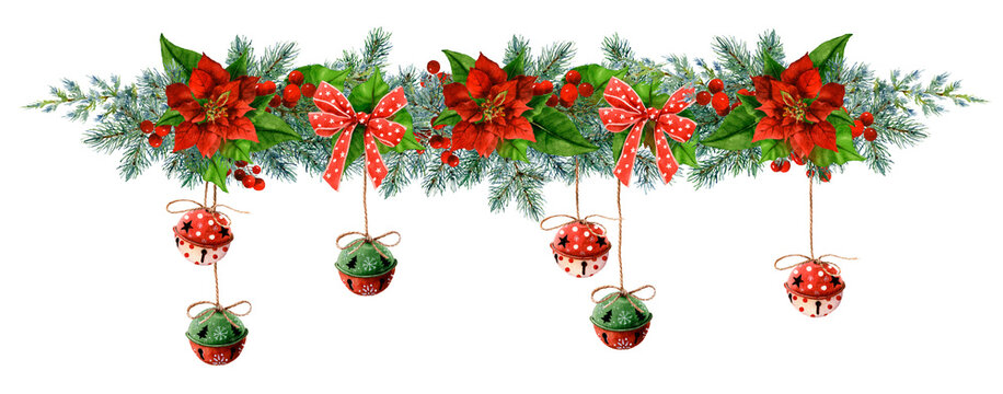 A colorful Christmas garland with fir branches, holly, hanging bells, red poinsettia flowers, red bows and berries, hand drawn in watercolor. Watercolor Christmas illustration. Isolated image