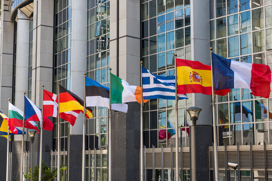 Fluttering flags of the countries of the European Union in a row in Brussels, Belgium. Close up