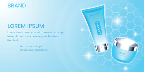 Skin care products with hexagon shape background template