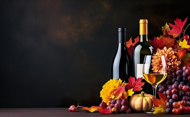 Autumn Still Life composition with wine bottle and glasses, flowers, pumkings, and grape on the wooden table. Copy space. Dark Blurred background.