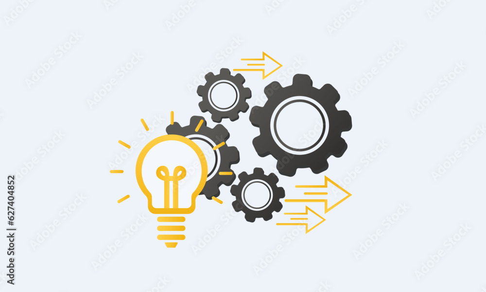 Aufkleber implement idea icon, solution execute develop, configuration cogwheel with light bulb, innovation an