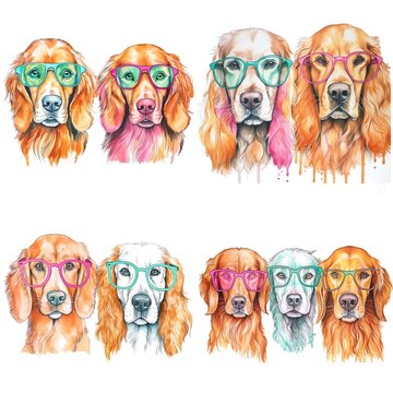 watercolor dog waring glasse orange mint and pink