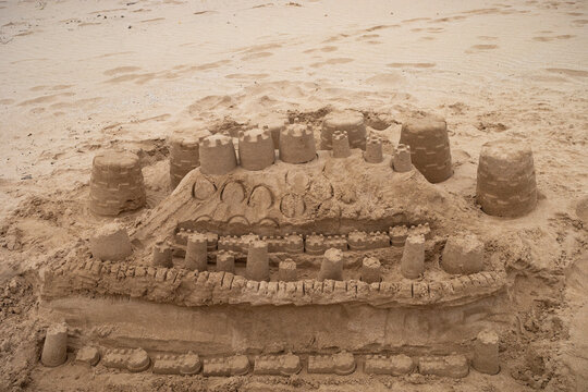 Close-up of a large sand castle along the shore of Kamaole 2 Beach; Kihei, Maui, Hawaii, United States of America