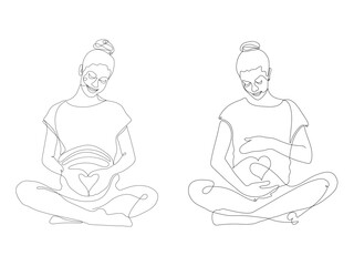 Pregnant woman makes yoga and meditation. Concept pregnancy, motherhood, health care. Illustration in flat style. One line drawing