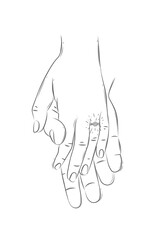 Hands of woman with ring and man holding each other and waiting for the wedding drawing on white background