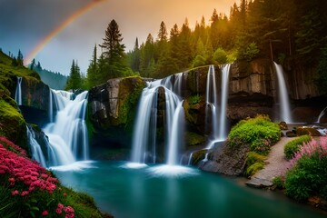waterfall and rainbow.generated Ai technology