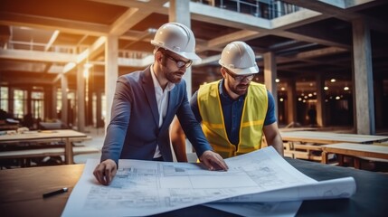 Engineer and architects meeting and planning measuring layout of building blueprints at construction site.