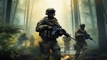 Fototapeta premium Group of soldiers in action on war battle in jungle.