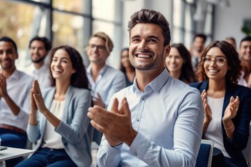 Applause and businessman in an audience with a group of people clapping for a victory or achievement, Winner, Wow and motivation with a team of colleagues in a coaching or training seminar.