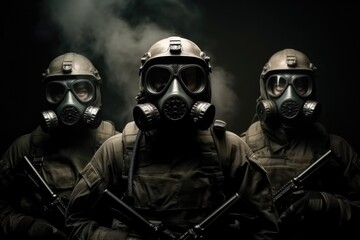 Soldiers in military gear and bulletproof vests and gas masks cover each other, In full combat readiness to break through the smoke from chemical weapons.