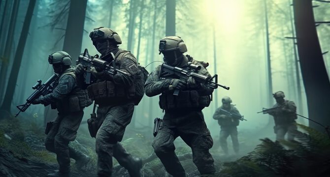 Soldiers during Military Mission, Group of special forces soldiers on the move.