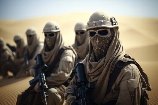 A group of special forces soldiers, Team of United states airborne infantry men with weapons moving patrolling desert.