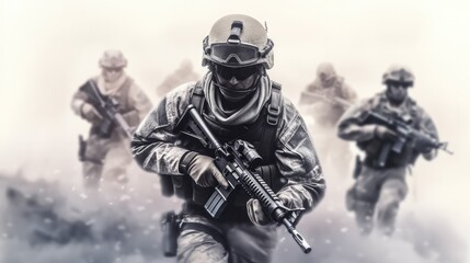 Fototapeta premium Military person with a gun on a battlefield in a ruined city, War Concept.