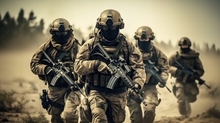 Counter terrorist team on the move on war, US marines in action.