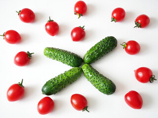 Tomatoes and cucumber pattern isolated on white background Cherry tomatoes, minimal concept, seamless texture