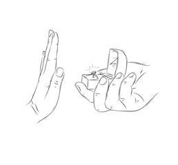 Woman hand reject marriage proposal with ring in jewelry box drawing on white background