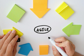 IT worker with agile board. Using scrum board for task control is a kind of agile development methodology