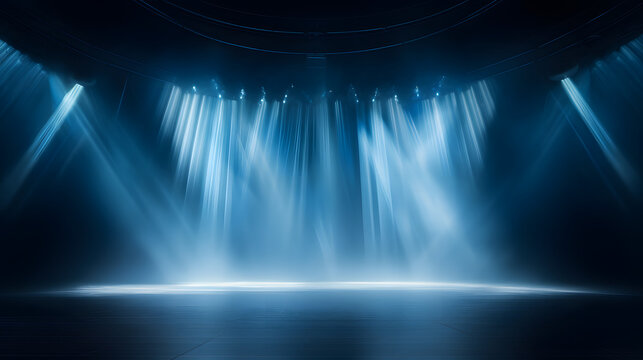 Empty stage of the theater, lit by spotlights before the performance. Red round podium on bright background