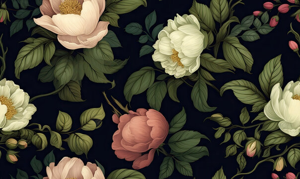 Seamless pattern with peony on a black background. Flower garden texture. For banner, book illustration. Created with generative AI tools