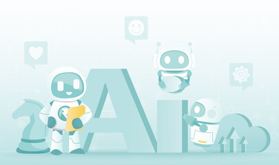 Artificial intelligence (AI) technology concept. AI character, tactical plan, thinking, working, management, improvement, development, solving problem. Flat vector design illustration.