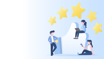 Customer satisfaction and give 5 star thumb up. Represent customer satisfaction, loyalty, survey, review, 5 star rating, positive thinking. Flat vector design illustration with copy space.